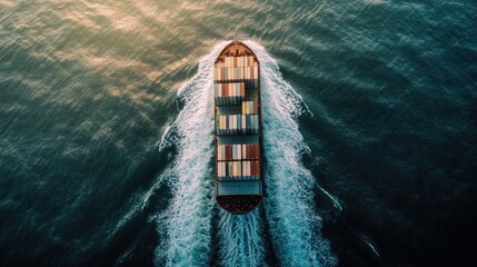 Wall Mural - Top-down view of a container cargo ship traveling over the ocean. Illustrates global logistics and transportation services for international freight.