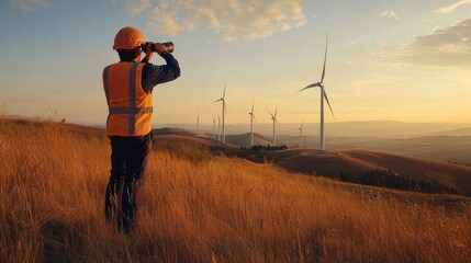 Sticker - surveying wind turbines: engineer observing wind farm through binoculars from afar