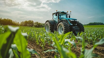 Powerful blue tractor navigating through lush green cornfield on sunny day, showcasing modern agricultural technology amidst nature's bounty and clear skies.