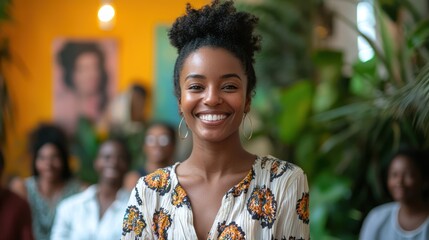 Wall Mural - A woman standing in front of a group, smiling warmly as she introduces herself, capturing a moment of self-assurance.