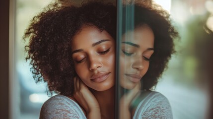 Wall Mural - A woman looking at her reflection in the mirror while gently hugging herself, symbolizing self-acceptance and love.