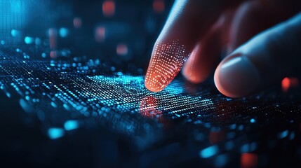 Close-up of a finger touching a digital interface, showcasing technology, data interaction, and futuristic concepts.