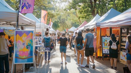 A vibrant outdoor art festival with diverse stalls showcasing colorful artworks, people enjoying the event under a canopy of trees.