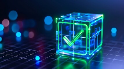 Glowing cube with checkmark, representing digital verification and blockchain technology, on a futuristic grid background.