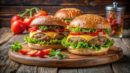 Juicy beef patties topped with crispy lettuce, ripe tomatoes, melted cheese, and condiments, served on toasted buns on a rustic wooden board.