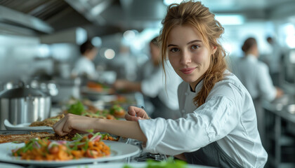 Female chef plating vegetarian food in plate while working in light kitchen. World Vegetarian Day. 