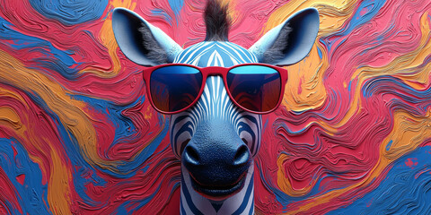 Wall Mural - A friendly zebra with red sunglasses smiles at the camera against a vibrant abstract background.