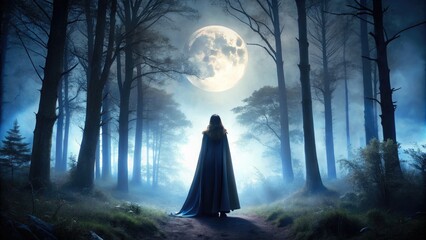 Silhouetted figure of an enigmatic woman shrouded in a dark, flowing cloak, standing alone in a misty, moonlit forest, exuding an air of mystery and intrigue.