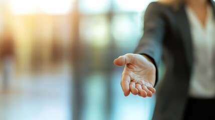 A confident person reaching out to shake hands in a professional setting, symbolizing the act of introducing oneself