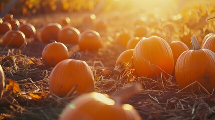 Poster - Autumn field filled with vibrant orange pumpkins basking in the golden glow of the setting sun.