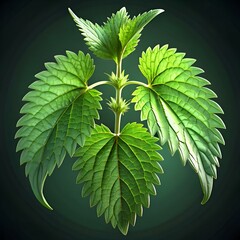 Close up of a vibrant. green nettle plant with detailed leaf veins. isolated against a dark background.