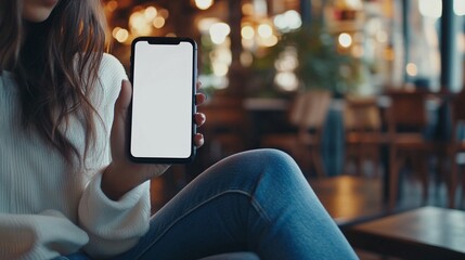 Woman in cozy sweater holding smartphone with blank screen in dimly lit cafe, showcasing modern lifestyle and technology integration in daily life.