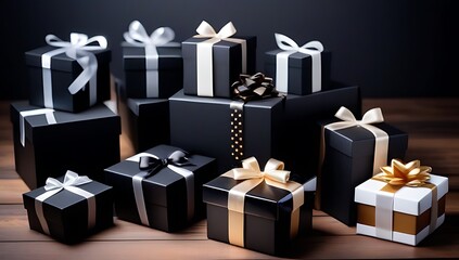 Wall Mural - set black gift boxes ribbons isolated transparent png various shapes sizes