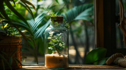 Wall Mural - A lush green plant flourishing inside a glass jar of sand, basking in gentle sunlight through a window with blurred greenery in the background.