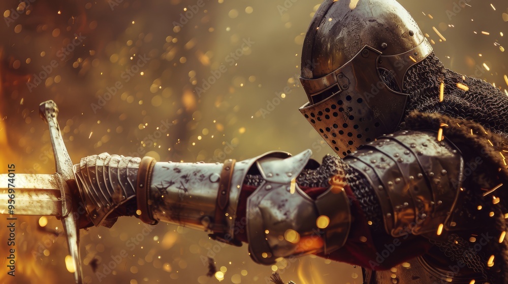 Knight in full armor swinging a sword amidst flying sparks, capturing a ...