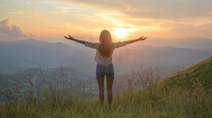 a woman standing on a hilltop with her arms outstretched, embracing freedom and self-liberation