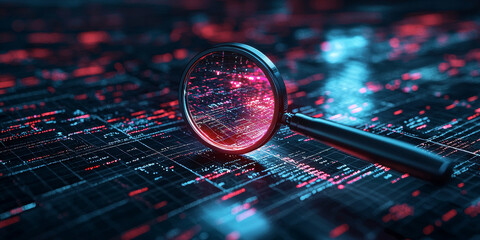A magnifying glass sits on a grid of glowing, digital data.