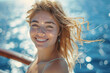 © Stopho Luv - young woman with a radiant smile stands near cruise ship, her hair gently blowing in sea breeze as she takes in panoramic view of sparkling ocean, feeling a sense of freedom sunny summer dayom a
