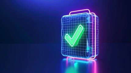 Neon checkmark icon in a futuristic style, representing success and approval on a digital background.