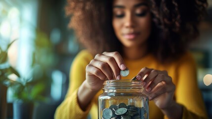 Wall Mural - A close-up of a woman depositing money into a savings account, emphasizing financial self-care