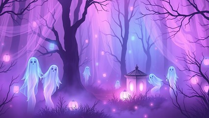 Sticker - Spooky ghosts in a magical forest.