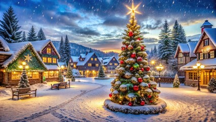 Snow-covered village square adorned with twinkling lights, festive wreaths, and garlands, featuring a majestic Christmas tree and a serene winter wonderland atmosphere.