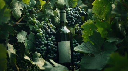 Poster - A bottle of wine nestled among dense clusters of green grapes and leaves in a picturesque vineyard setting.