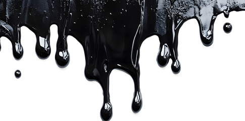 Wall Mural - Black paint dripping isolated on white background. Flowing liquid dripping from above