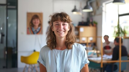 Sticker - Radiating happiness, a young woman with wavy hair stands in a bright, creative office space, embodying positivity and enthusiasm for her work.