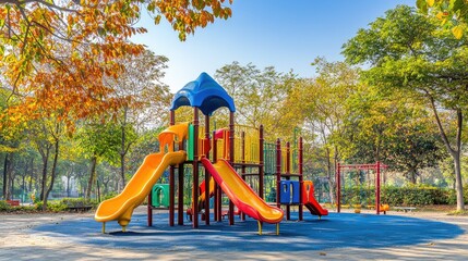 A colorful and engaging playground set in a park, ready for children to play and explore.