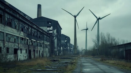 Poster - Old factories loom alongside wind turbines, highlighting the transition from coal dependency to green energy solutions in a changing landscape. Generative AI