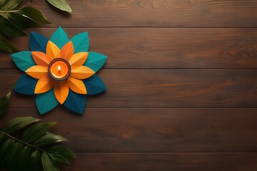 A vibrant candle surrounded by colorful petals on a wooden surface, creating a serene and inviting atmosphere.