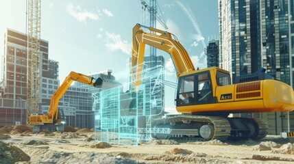 Two large excavators at a vibrant construction site, with a holographic building structure overlay, representing modern engineering and technological advancements.