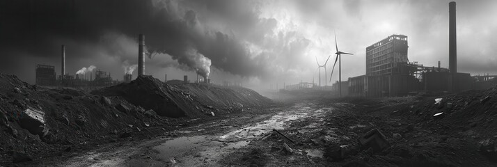 Poster - A stark contrast emerges as closed coal mines lie alongside wind turbines and defunct factories, illustrating the shift to renewable energy. Generative AI