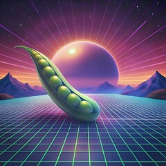 A vibrant 3D illustration of a pea pod bursting with vibrant green peas. set against a retro 80s synthwave landscape with a glowing sphere and grid.