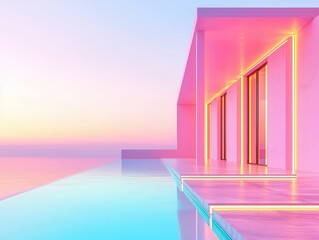 Poster - Pink Minimalist Modern Architecture with Swimming Pool.