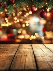 Empty wooden table with christmas theme in background