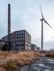 Aufkleber - Wind turbines stand tall beside decommissioned factories, showcasing the shift from coal dependency to renewable energy sources. Generative AI