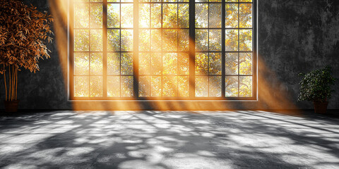 Wall Mural - Sunlight streams through a large window in an empty room, casting warm light and tree shadows on the concrete floor.