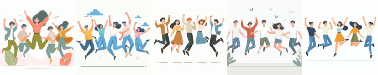 Canvas Print - vector set of people jumping happily in flat design style