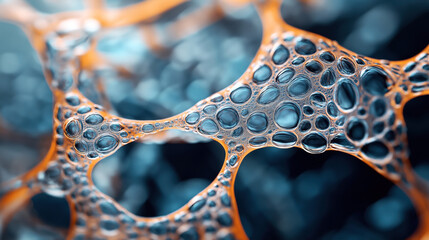 Close-up macro shot of an abstract structure resembling a network or web with blue and orange hues, creating a visually striking pattern with intricate textures.