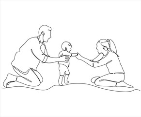 Sticker - Linear drawing of a happy young family, father, mother and child walking holding hands. 