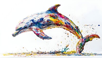 Wall Mural - Vibrant Leaping Dolphin Figure Made of Liquid Paint Splatters on White Background