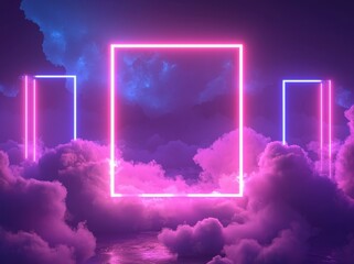 Wall Mural - A 3D render featuring abstract minimal background, pink blue neon light square frame with copy space, stormy clouds illuminated with neon lights, glowing geometric shapes.