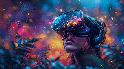 Virtual reality user futuristic technology concept. Person wearing VR headset in a colorful abstract background with leaves and stars mobile application screen