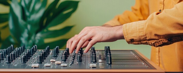 A close-up of a person adjusting a sound mixer, showcasing creativity and passion for music production in a vibrant environment.