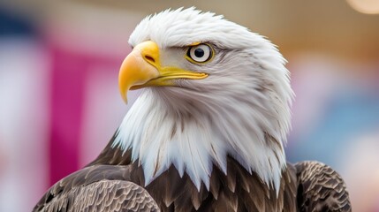 Wall Mural - A close up of a bald eagle with yellow eyes and white feathers, AI