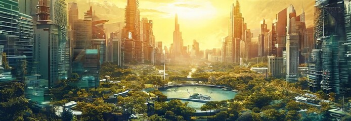 Wall Mural - futuristic city with looking skyline