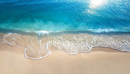 Sticker - abstract sand beach from above with light blue transparent water wave and sun lights, summer vacation background concept banner with copy space, natural beauty spa outdoors
