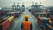 © Jack - A worker wearing an orange vest and yellow helmet stands in front of many stacked containers at the port, overlooking the scene from above with high resolution. The container yard is filled with vario